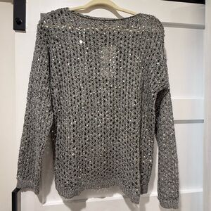 Zara Gray Open-Knit Sequin Crew Sweater